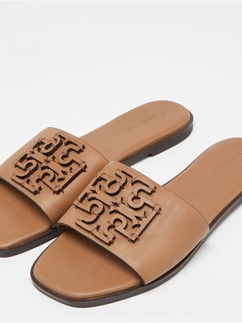 Tory Burch Tan Leather Logo Slide Sandals